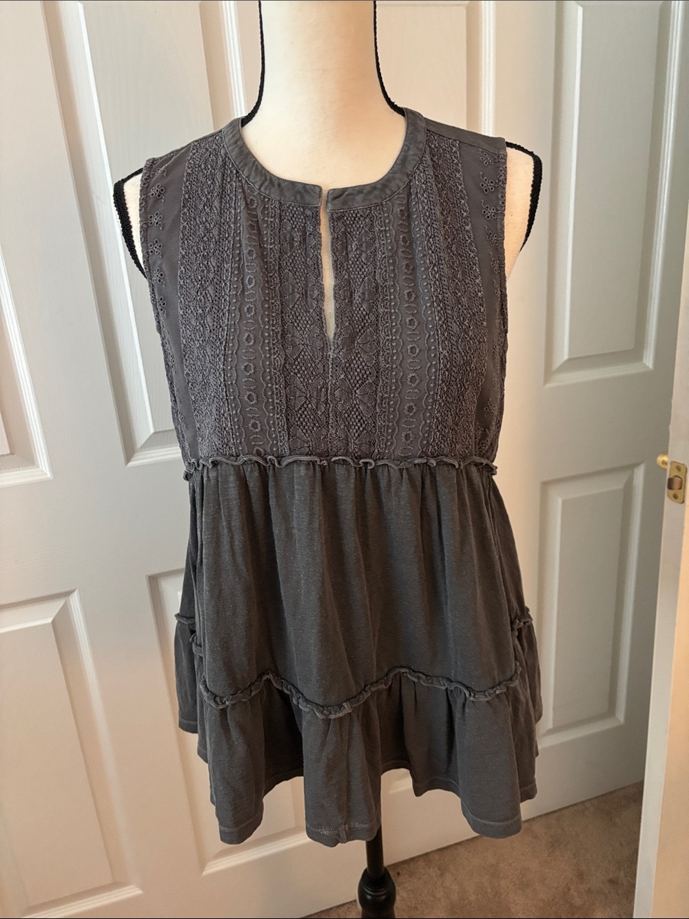 Lucky Sleeveless Embroidered Peasant Top in Charcoal Gray - Picture 5 of 6